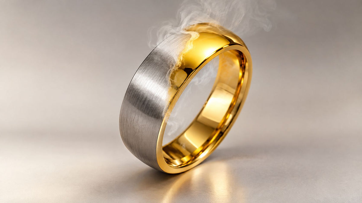 Illustration of a ring transitioning from a brushed silver-colored surface to a polished gold finish