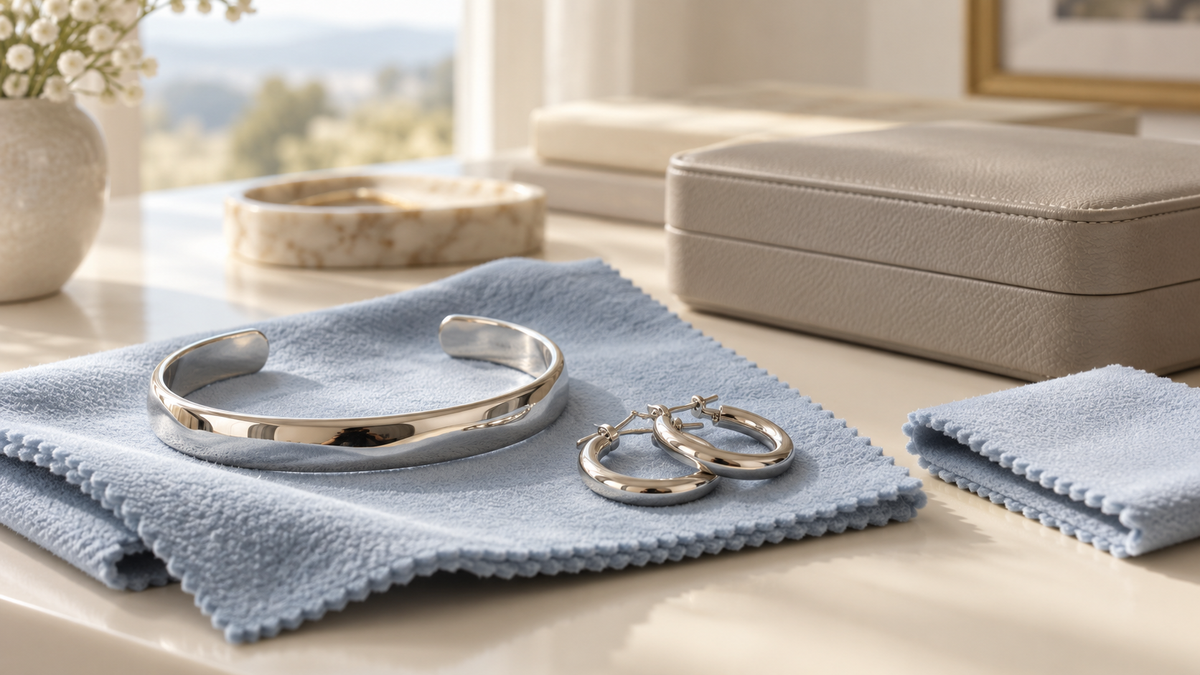 Silver cuff bracelet and hoop earrings on a pale blue cloth beside a closed jewelry case.