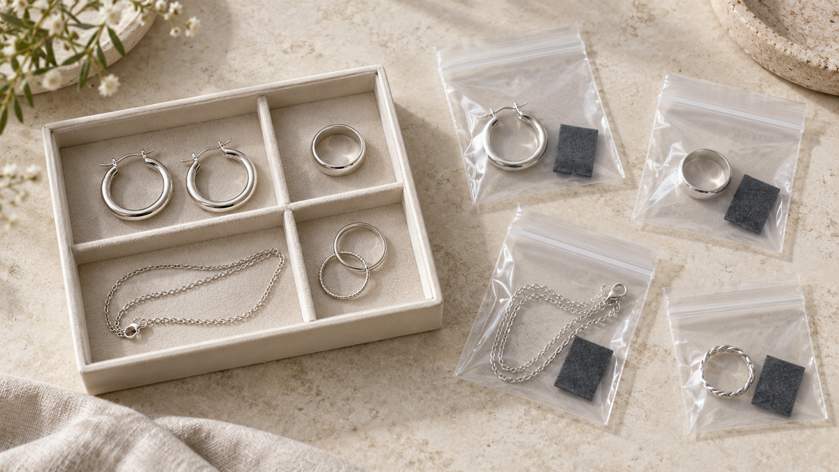 Silver rings, hoop earrings and a chain in a divided tray beside individual clear storage pouches.