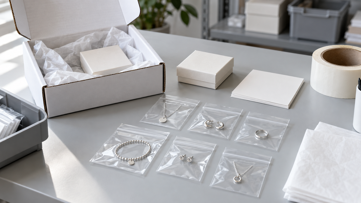 Individually bagged silver jewelry beside protective boxes and an open shipping carton.