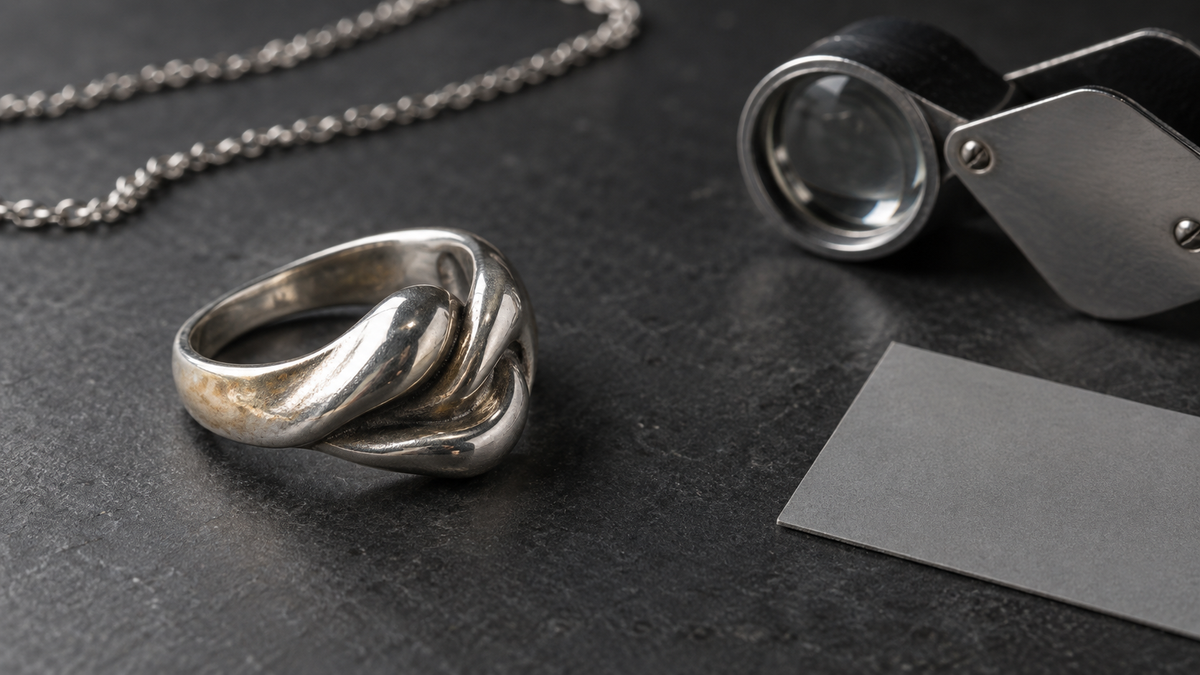 Discolored silver ring beside a jeweler loupe on a dark inspection surface.
