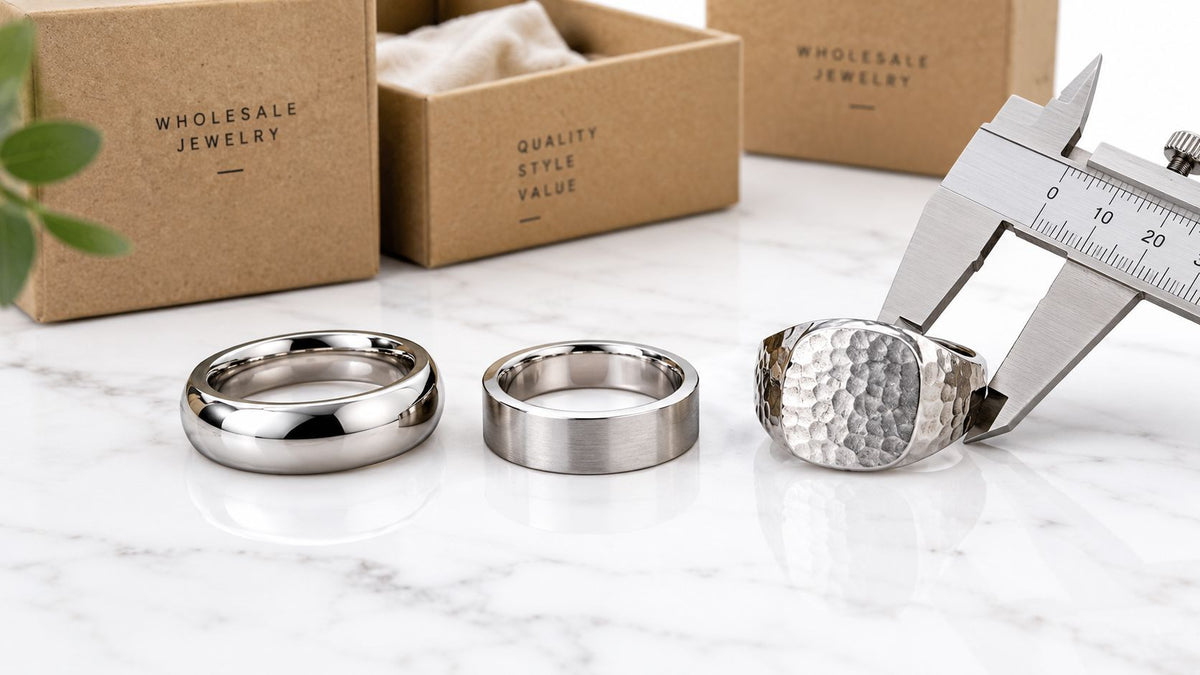Three stainless steel ring profiles beside calipers and wholesale jewelry packaging.