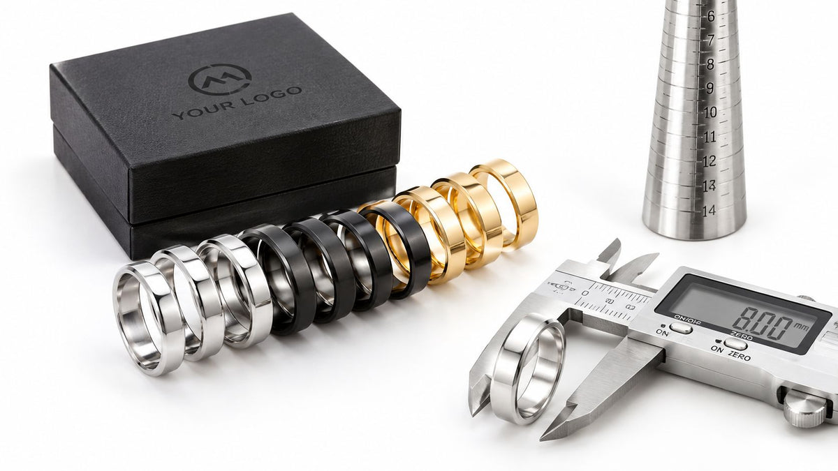 Silver-, black- and gold-tone rings beside a ring mandrel, caliper and black logo box.