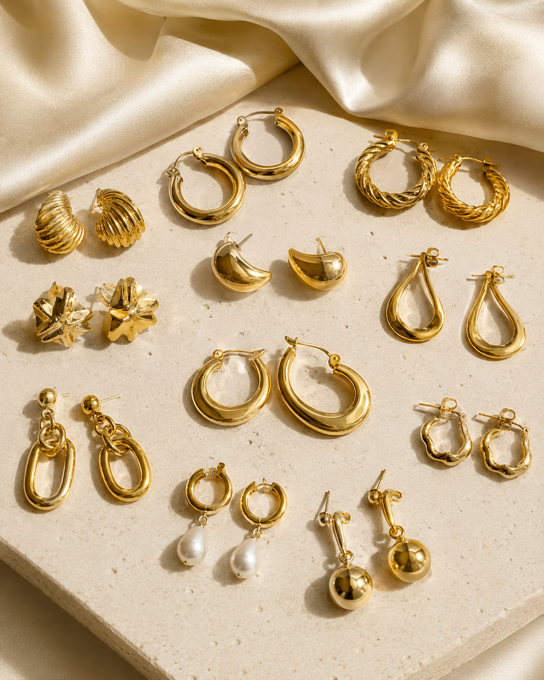 Wholesale gold tone hoop stud and drop earrings collection on ivory stone