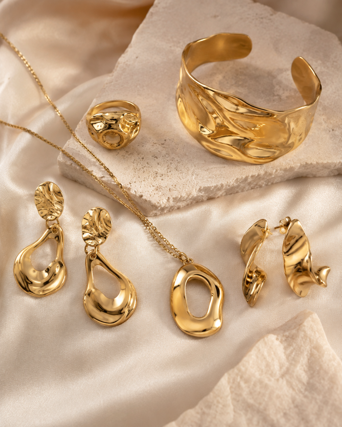 Wholesale gold plated brass earrings ring necklace and cuff on champagne silk