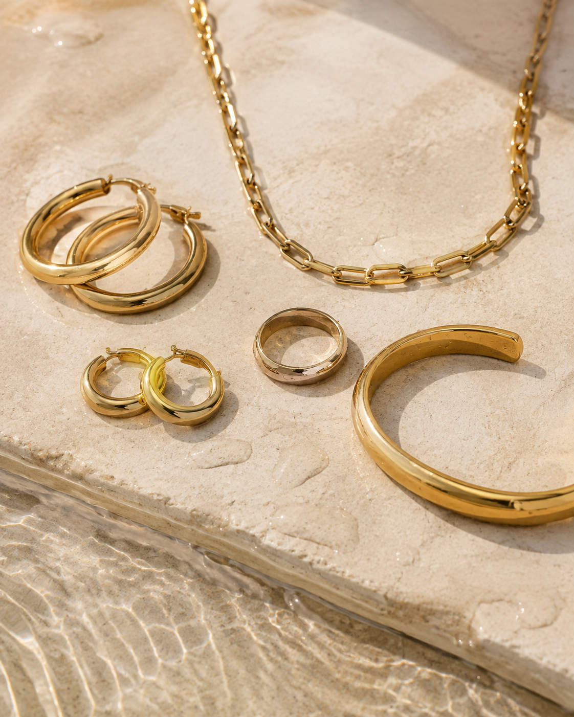 Wholesale gold tone PVD stainless steel jewelry beside water on pale stone