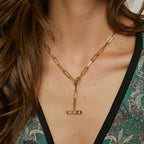model wearing the gold plated zirconia bar toggle necklace