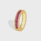 isolated gold plated red zirconia three-row band ring