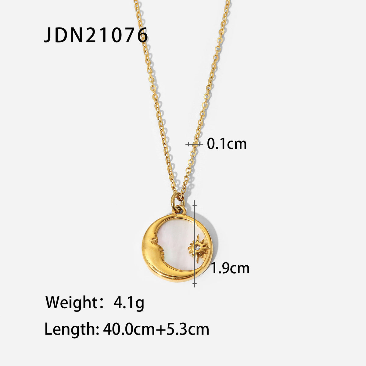 Round pale inlay pendant with a small star detail and chain measurements