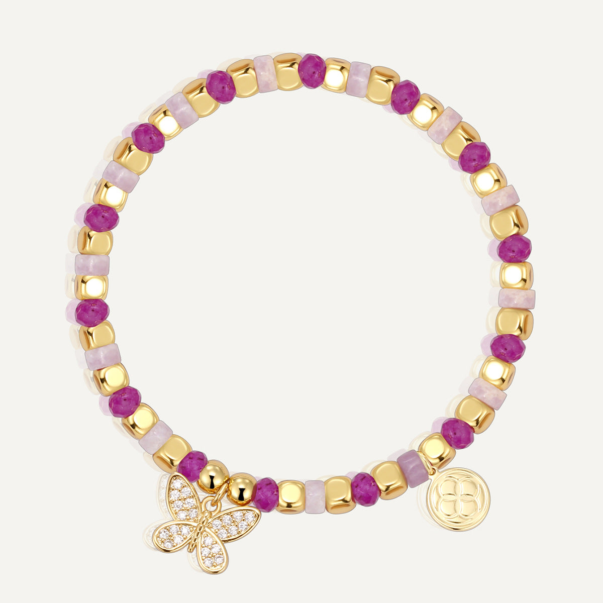 gold plated pink quartz and chalcedony butterfly charm bracelet