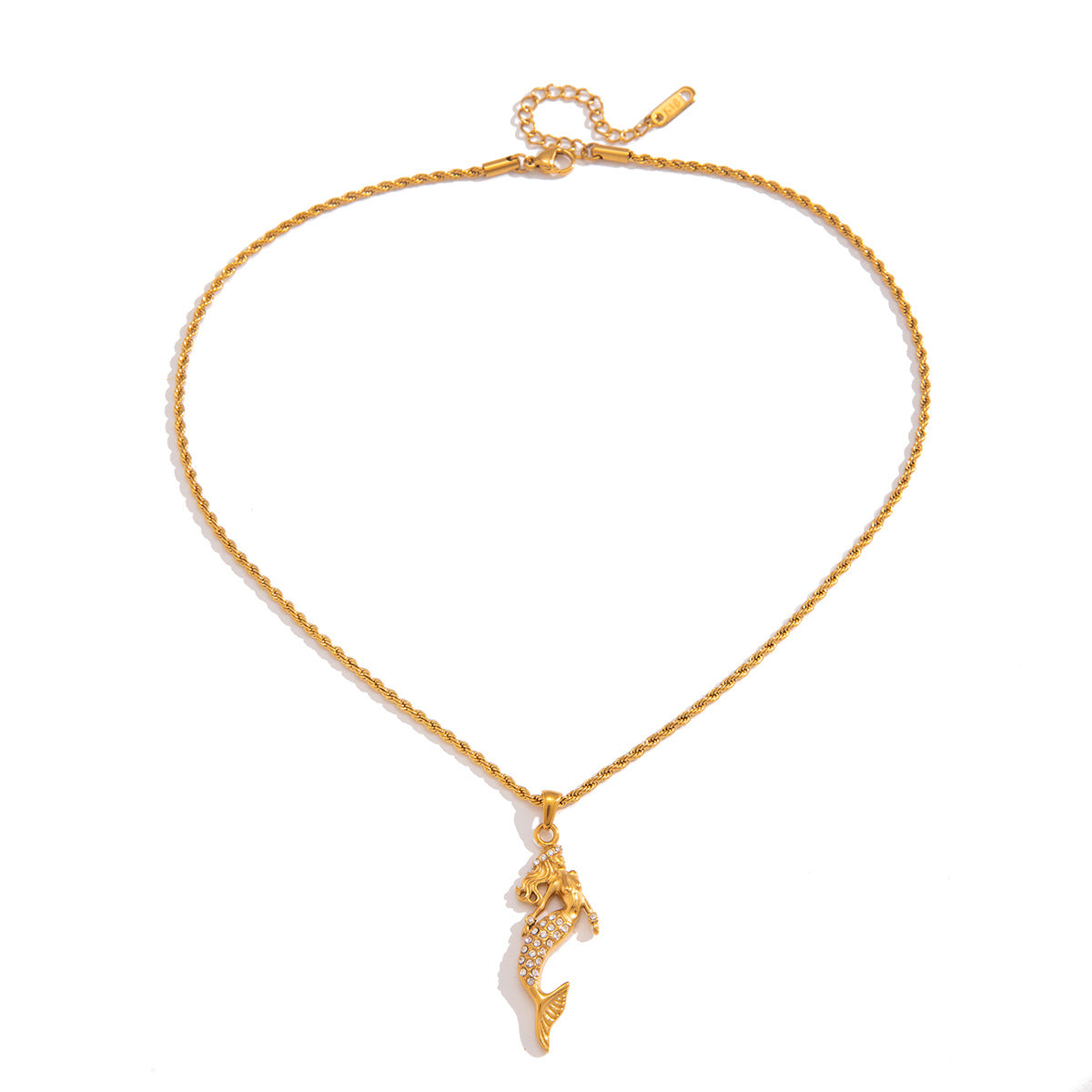 Full mermaid pendant necklace showing the chain and extender