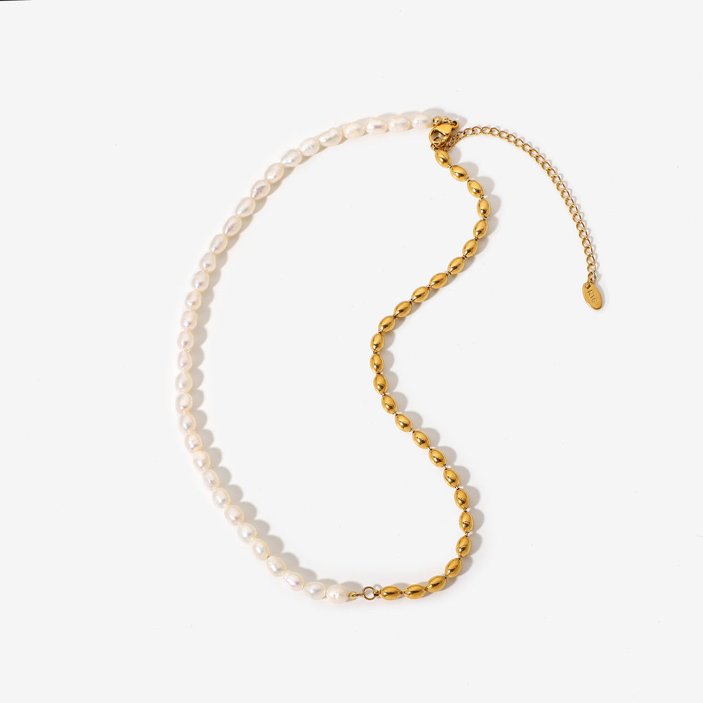 Full view of half white half gold stainless steel necklace
