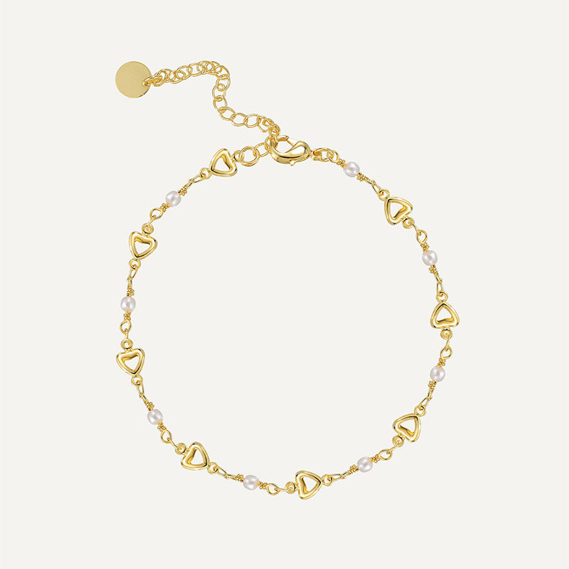 gold plated brass anklet with open hearts and white beads