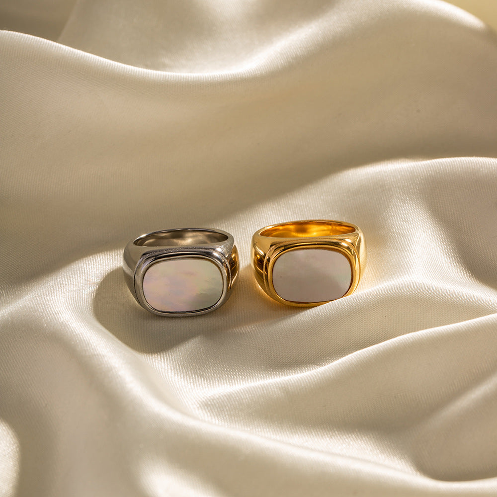 White-Inlay Stainless Steel Statement Ring Collection shown on model