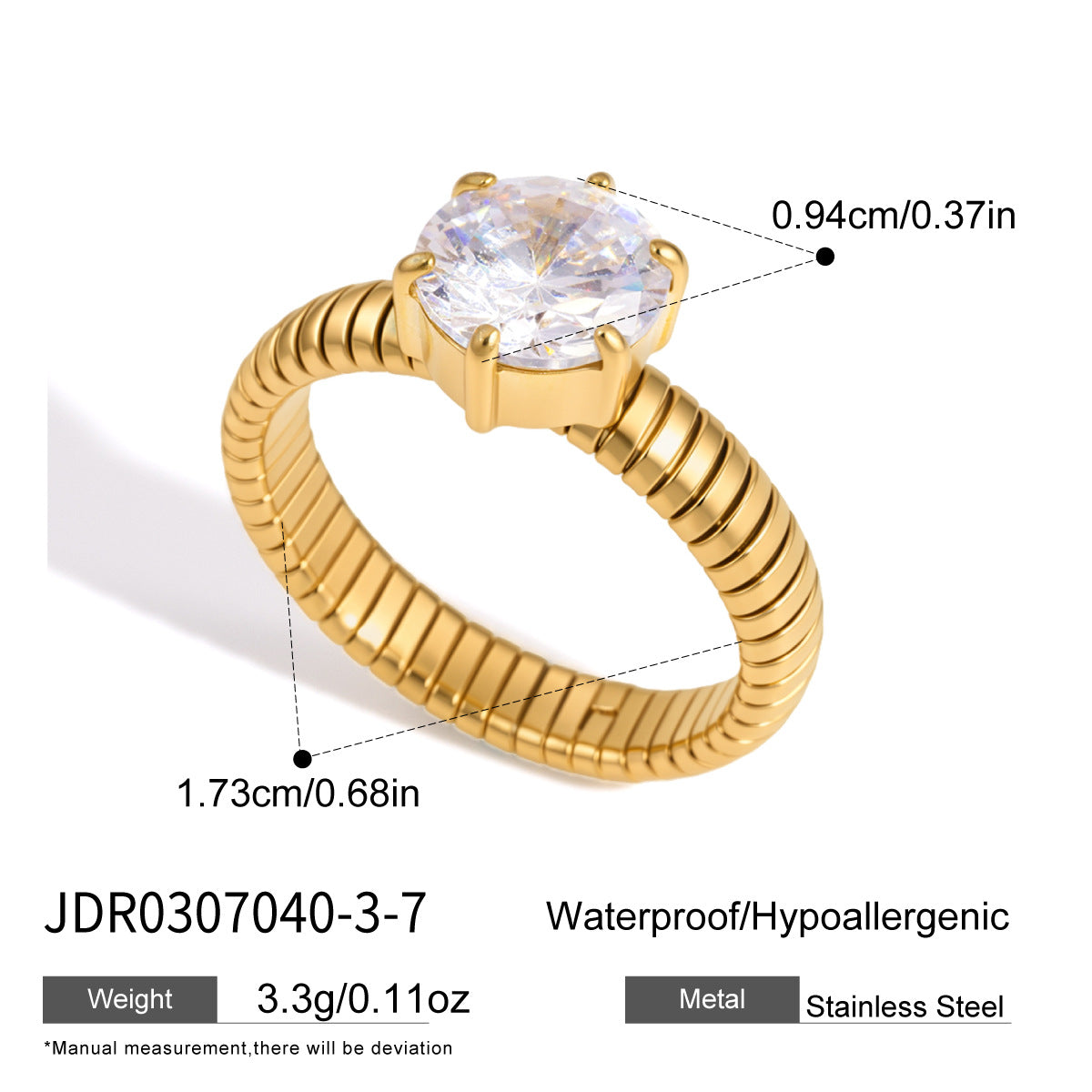 Round zirconia ring with ribbed band and weight information