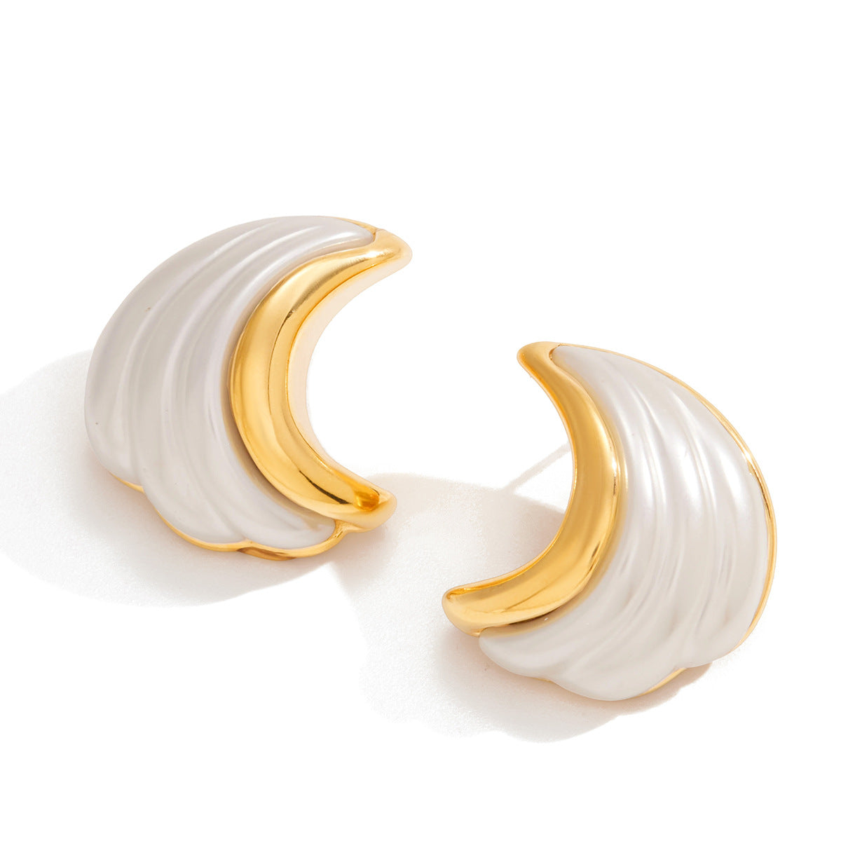 Gold Plated Stainless Steel Ivory Resin Crescent Stud Earrings — front view