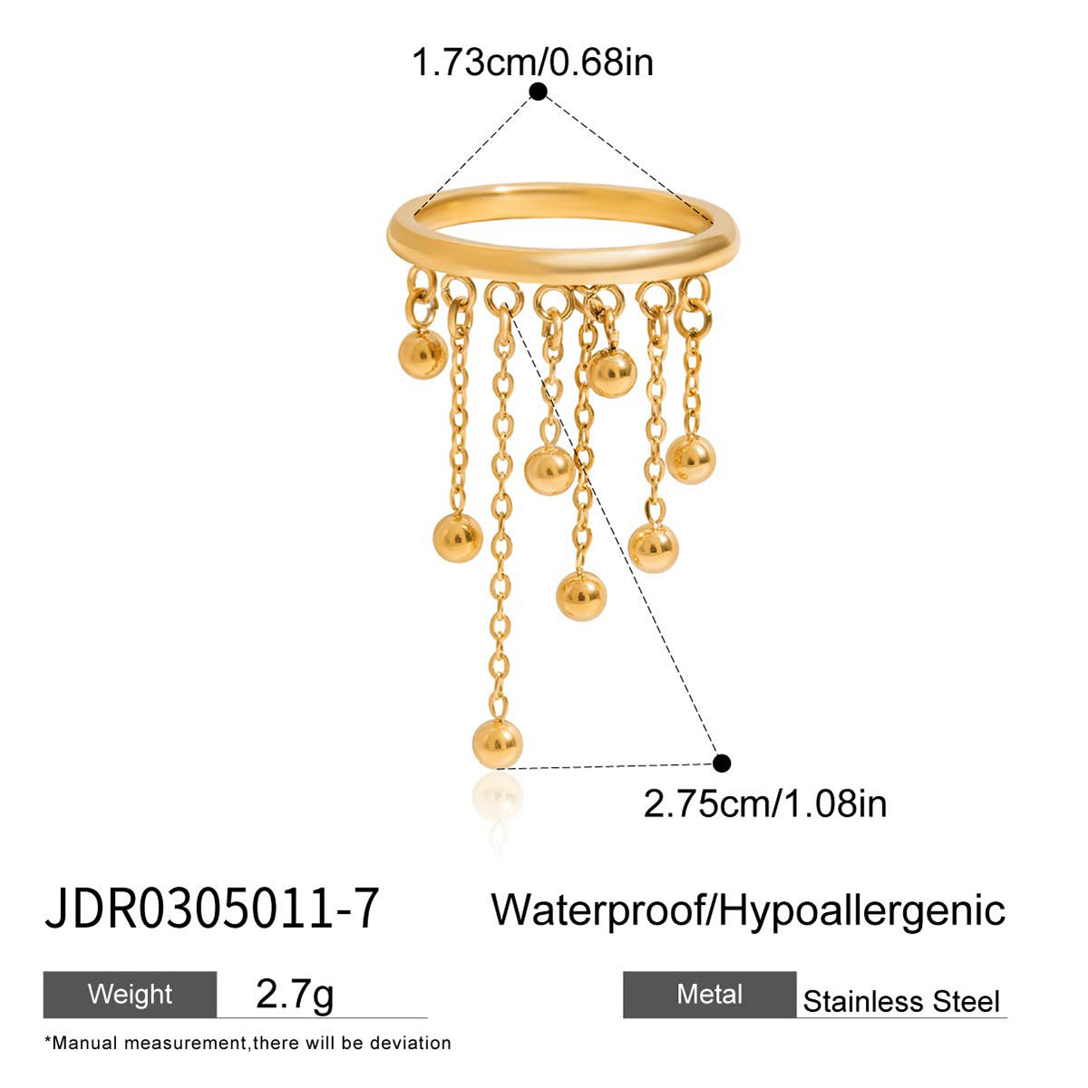 Gold-tone chain fringe ring dimensions