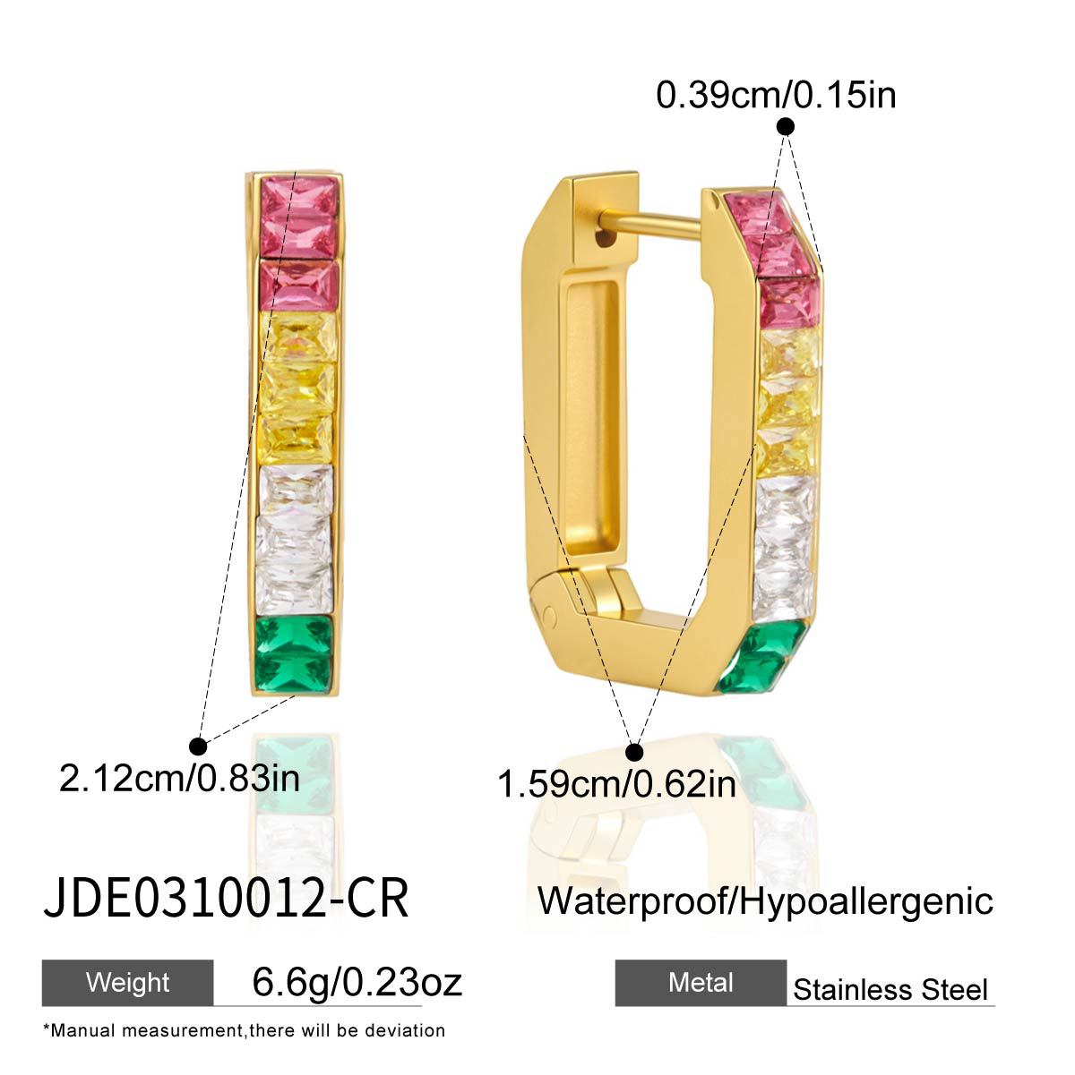 Multicolor rectangular hoop earrings front and side