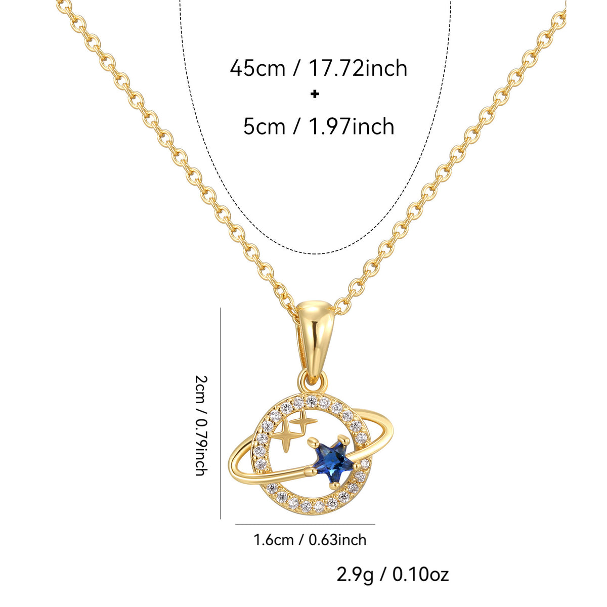 planet pendant dimensions with 45 plus 5 cm chain and 2.9 g listed weight