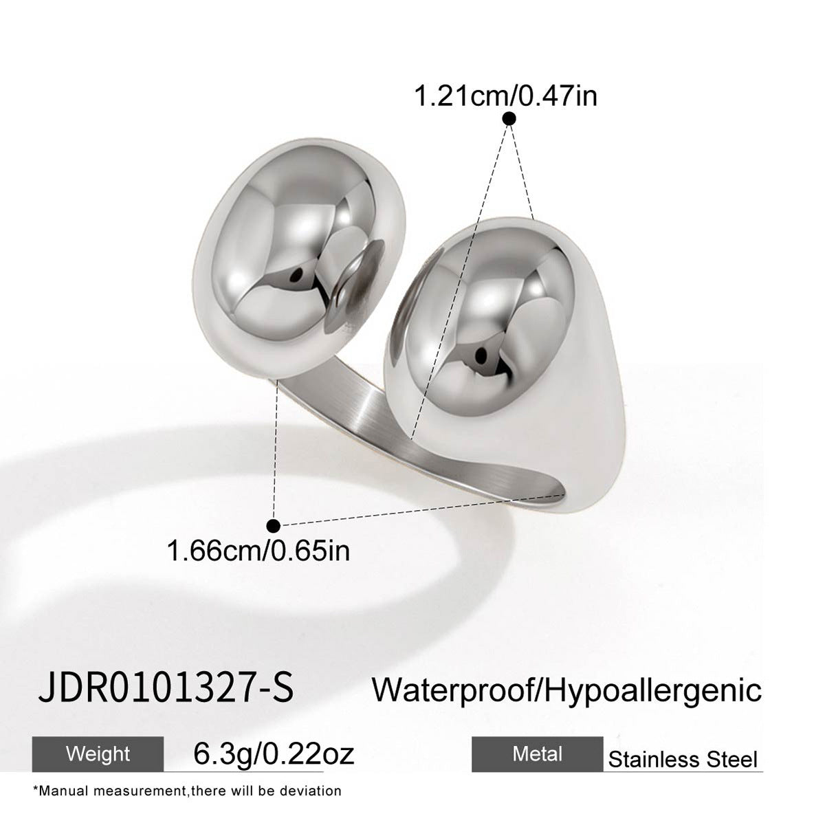 Silver tone pebble ring front and band profile