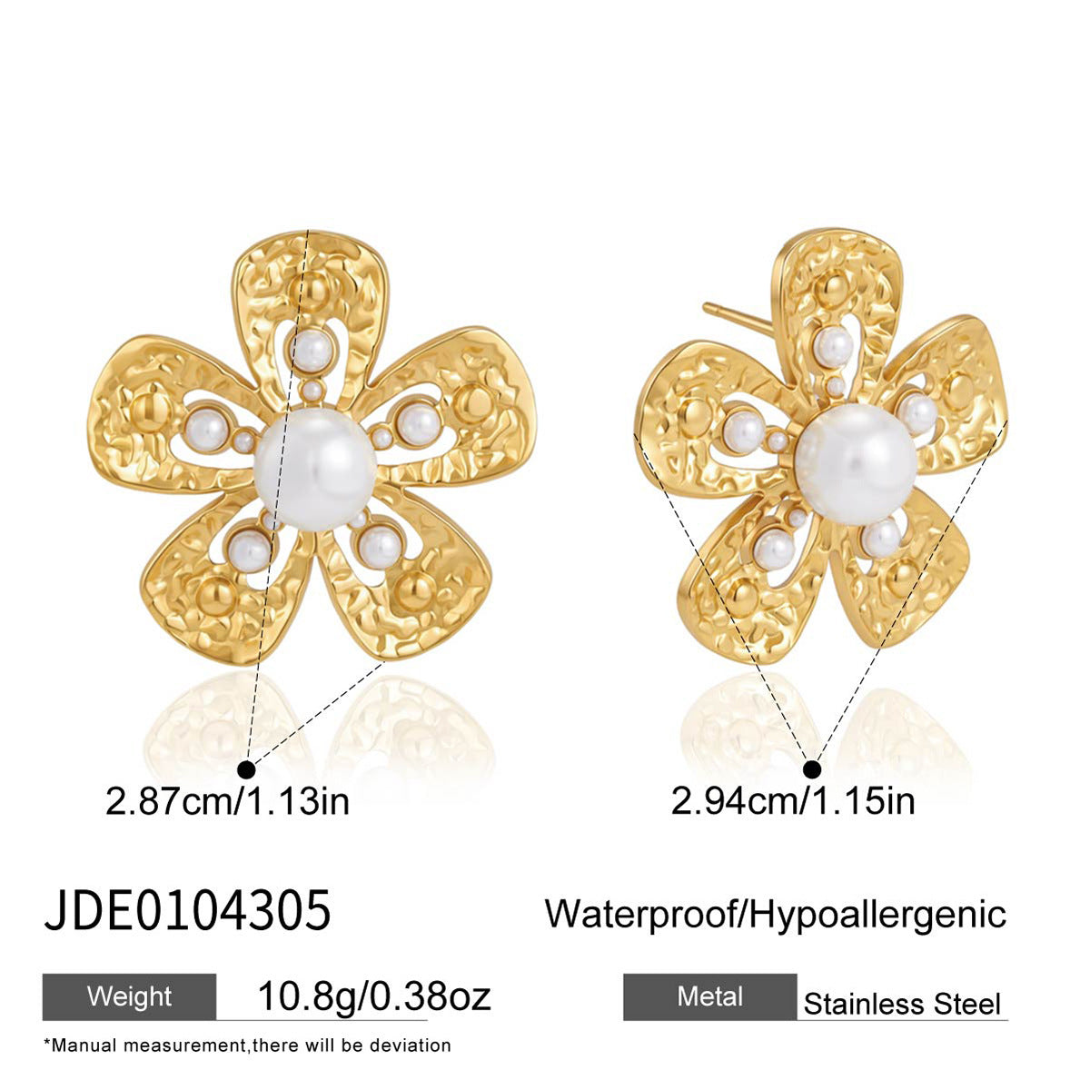 Textured five-petal stainless steel stud earring measurements