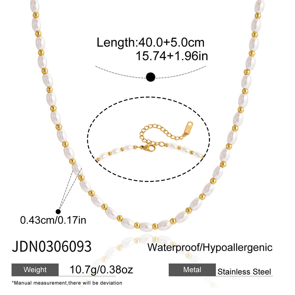 Small white bead strand with gold tone spacers and dimensions