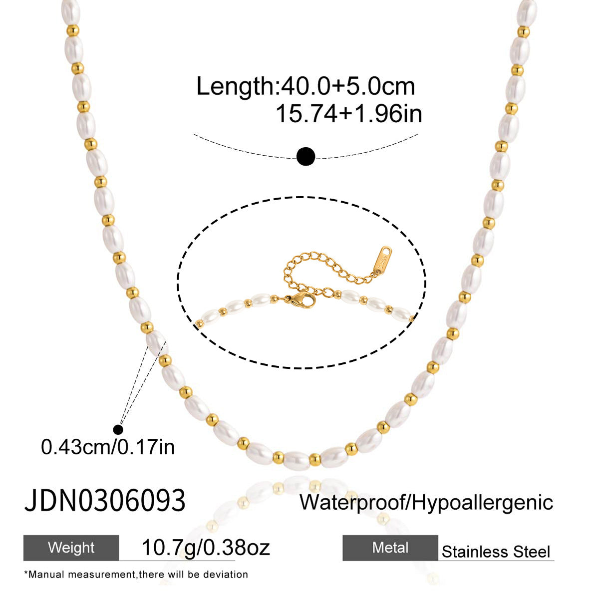 Small white bead strand with gold tone spacers and dimensions
