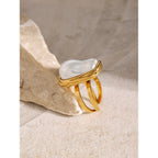 Side view of the white inlay double-band stainless steel ring