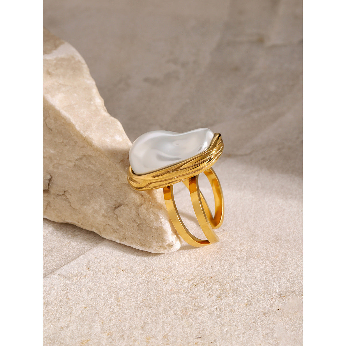 Side view of the white inlay double-band stainless steel ring
