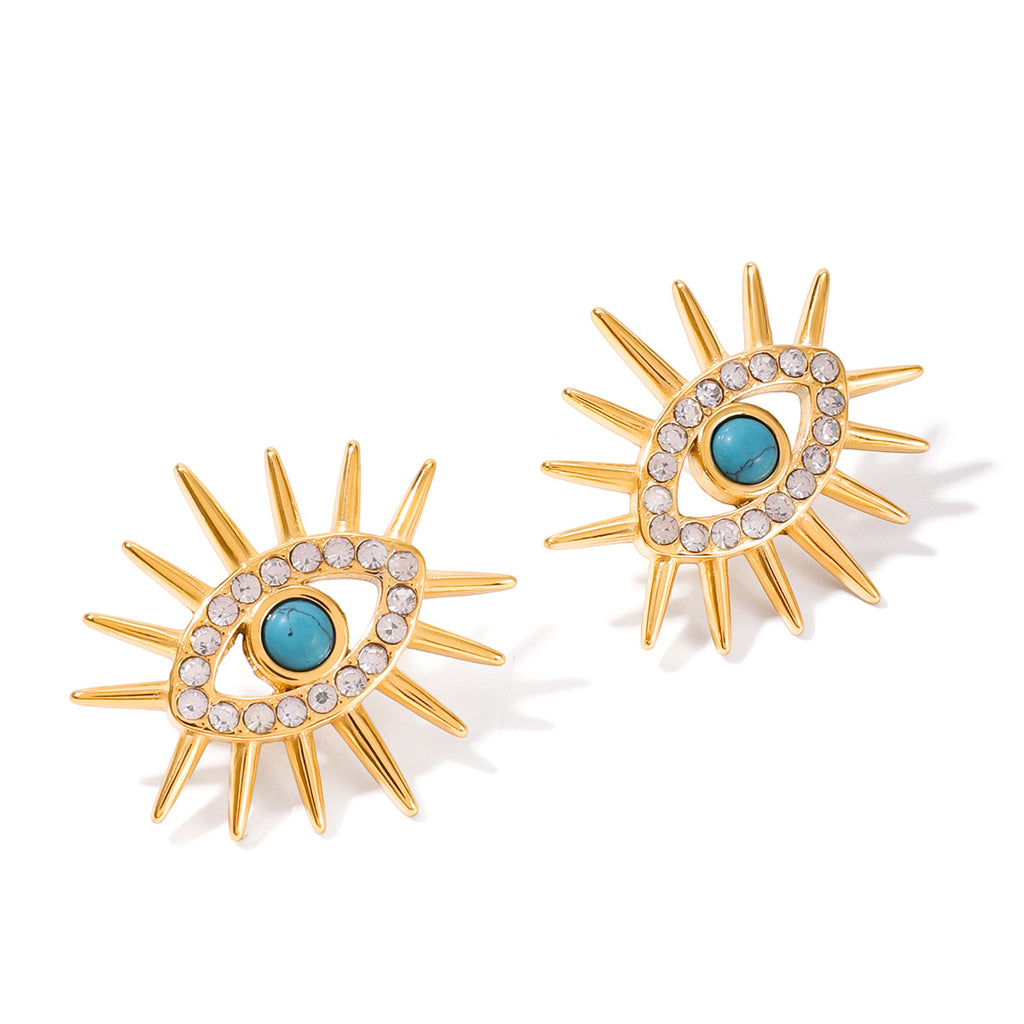 Blue Cabochon Evil Eye Stainless Steel Earrings and Ring — close-up of the cabochon earrings