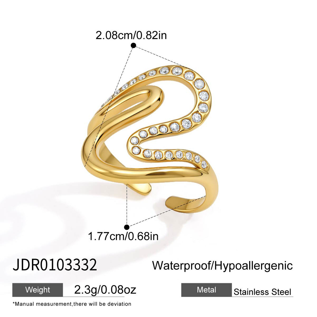 Looping wave ring with clear-stone edge and dimensions