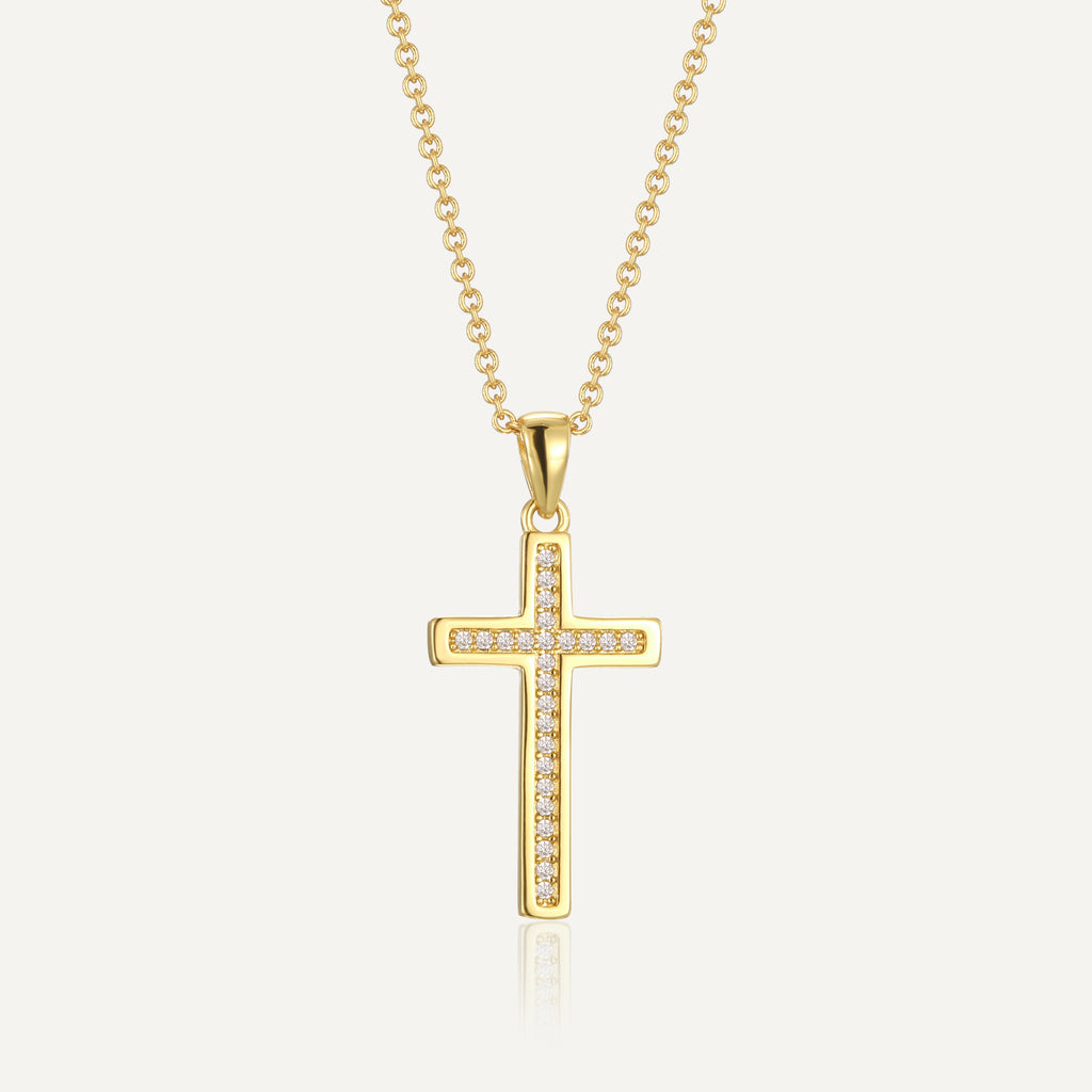 gold plated brass cross pendant necklace with clear stones