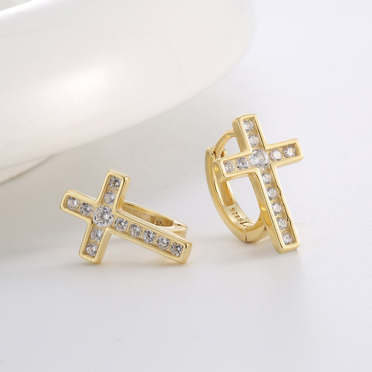 gold plated 925 sterling silver pavé cross huggie hoop earrings — product image 3 of 9