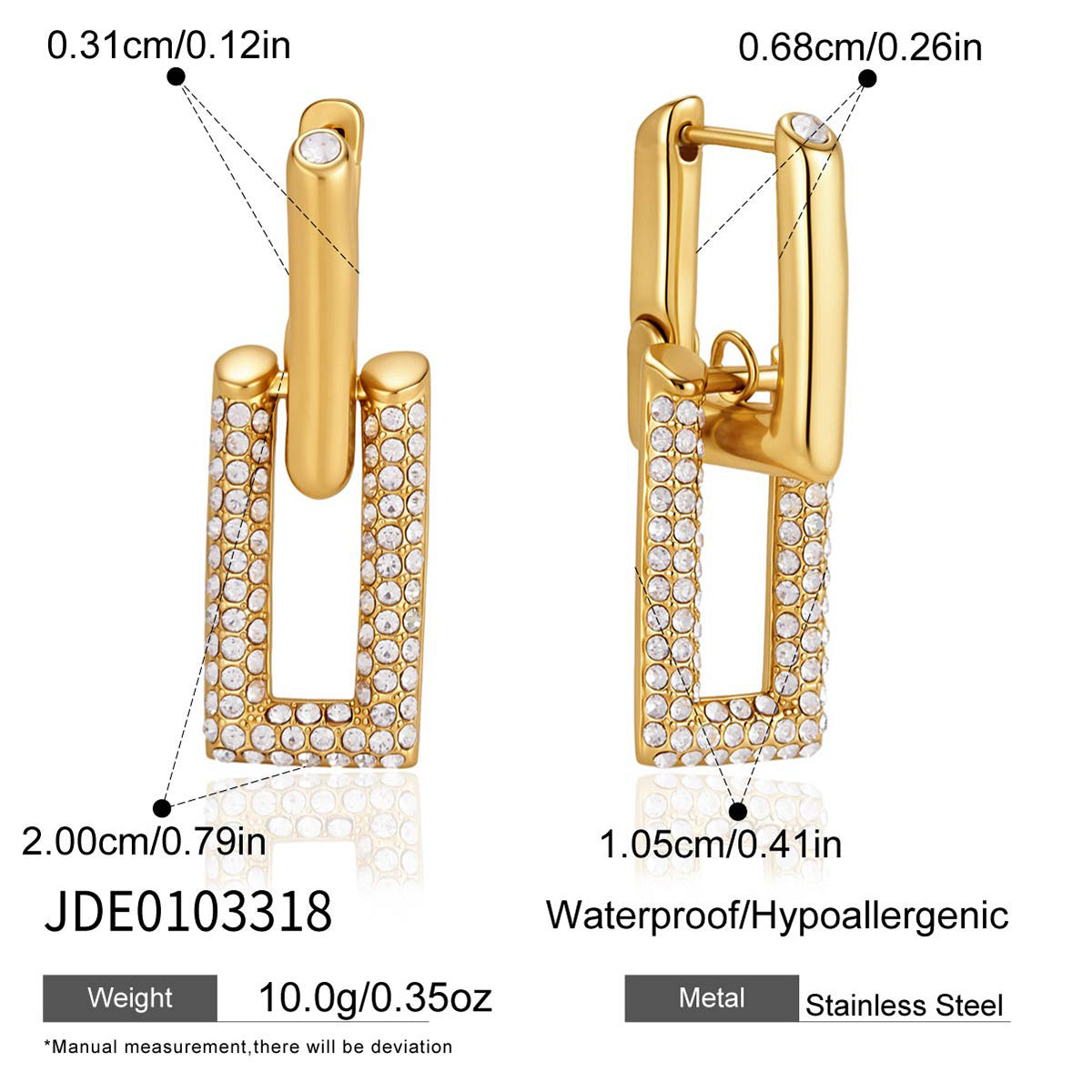Gold tone rectangle drop earring measurement chart