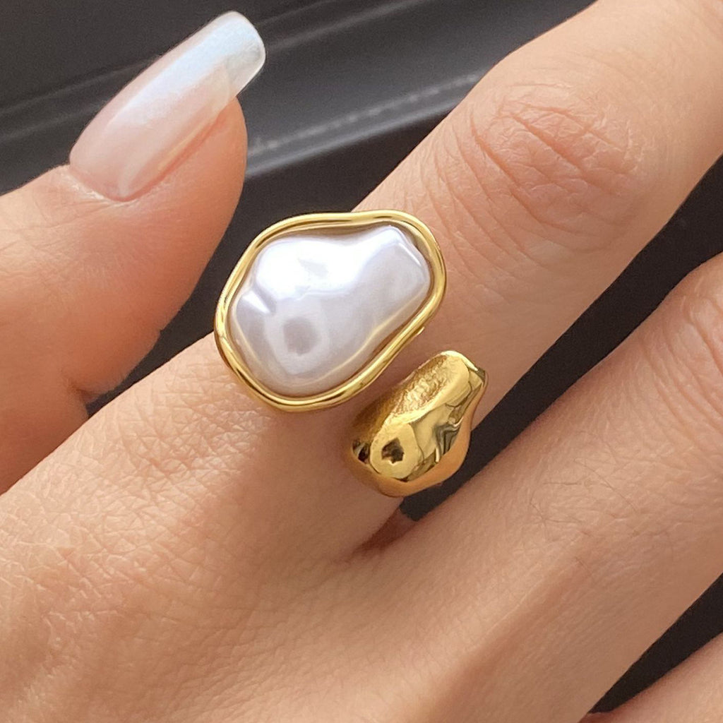 Wholesale Gold-Tone Stainless Steel Pearl Open Ring - front view