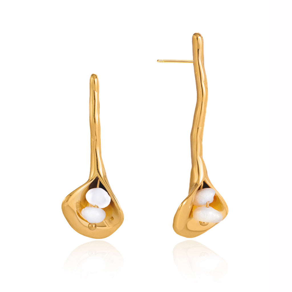 front and side views of calla lily pearl drop earrings