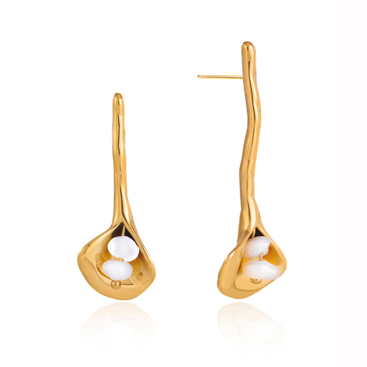 front and side views of calla lily pearl drop earrings