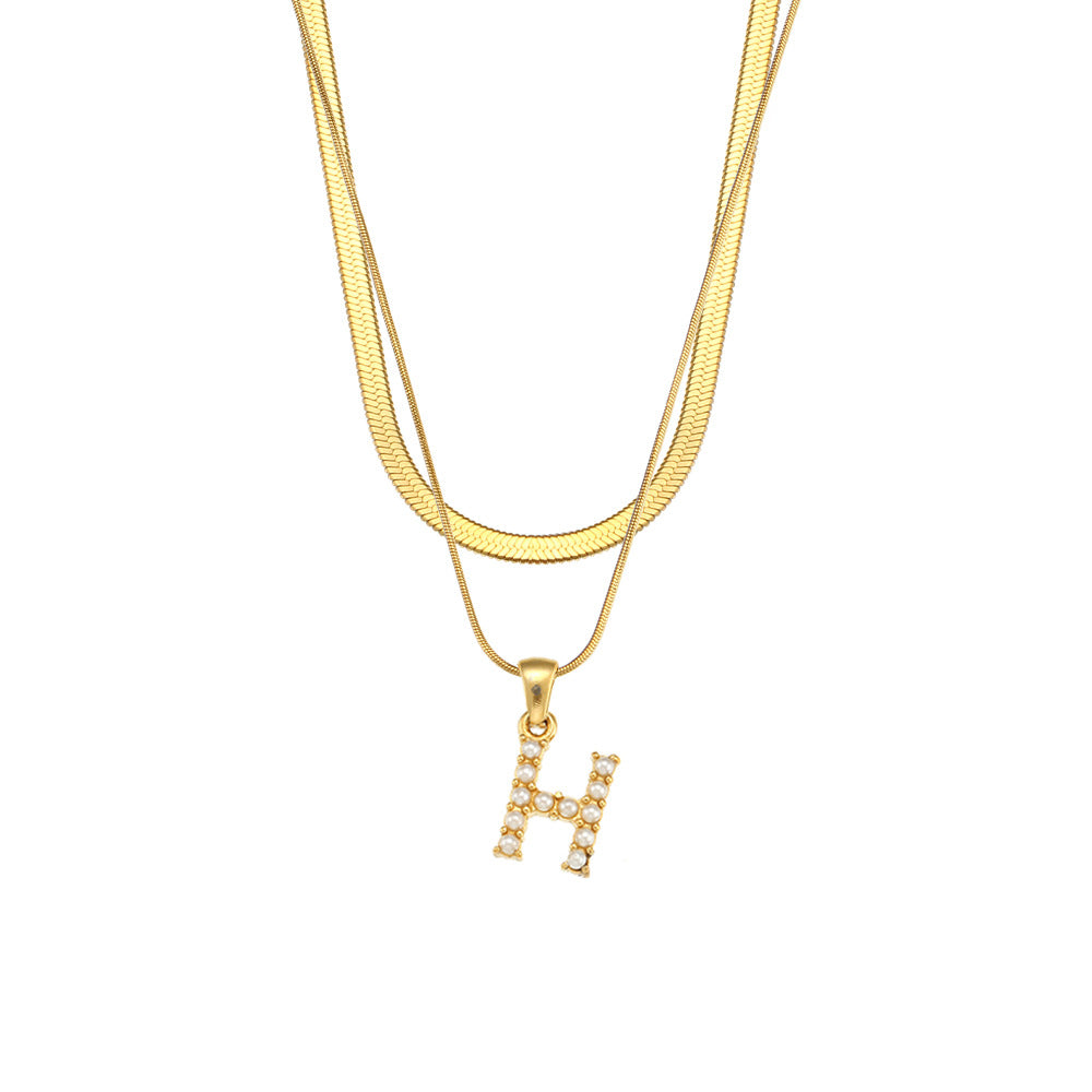 Imitation pearl letter H pendant on layered stainless steel chains