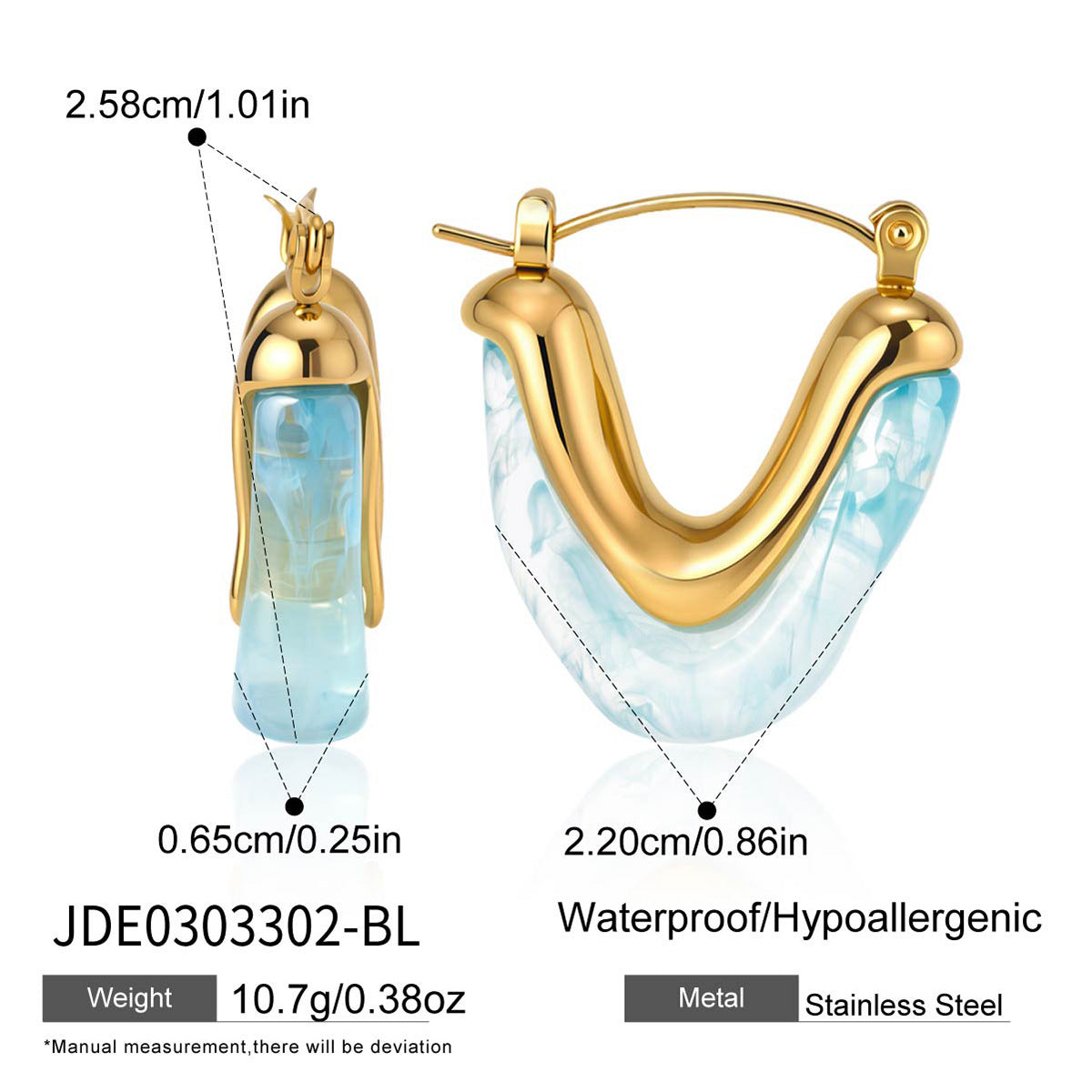 Blue marbled resin hoop front and side views