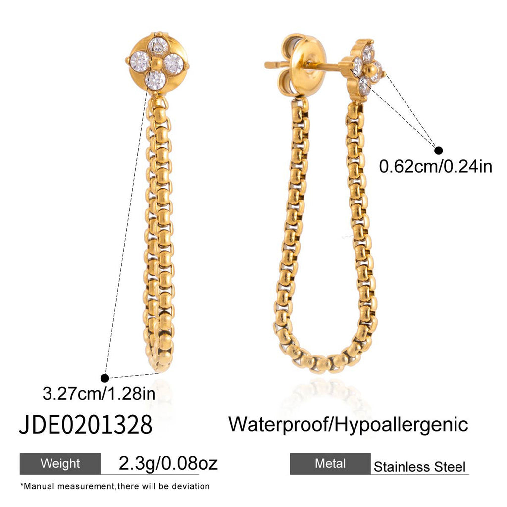 Clear accent chain-loop stainless steel earrings with length diagram