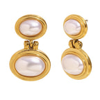 stainless steel double pearl drop earrings shown from front and side