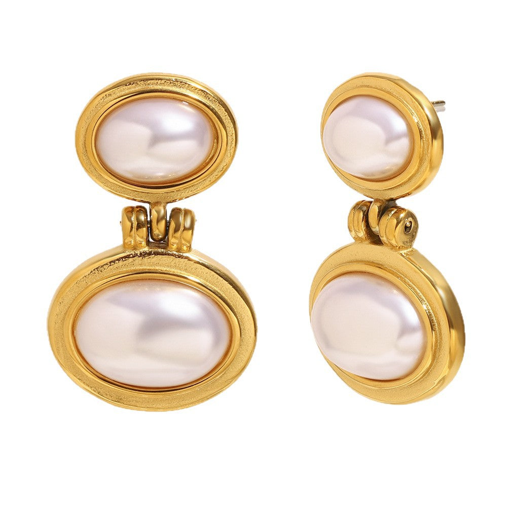 stainless steel double pearl drop earrings shown from front and side