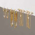 Draped chain earrings with hoop and geometric stud tops