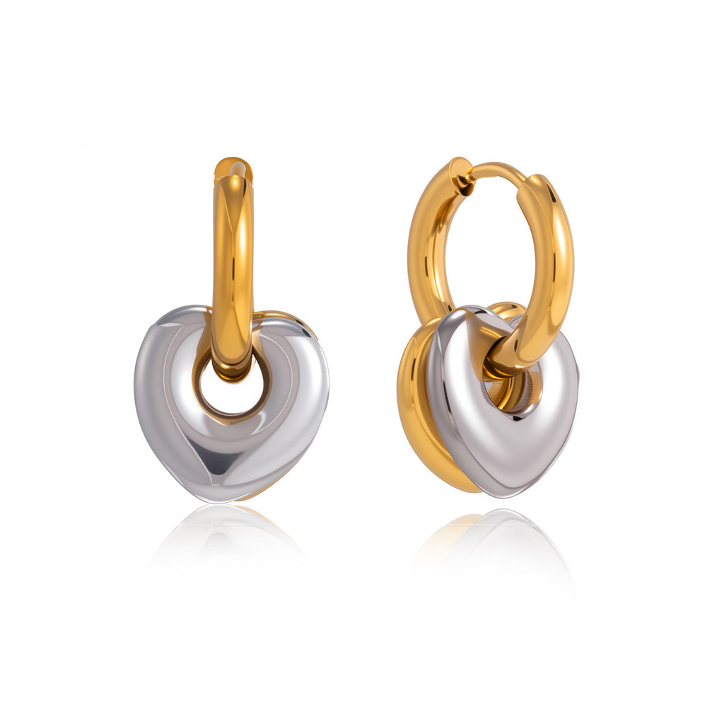 Mixed gold and steel color heart charm hoop earrings