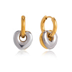 Mixed gold and steel color heart charm hoop earrings