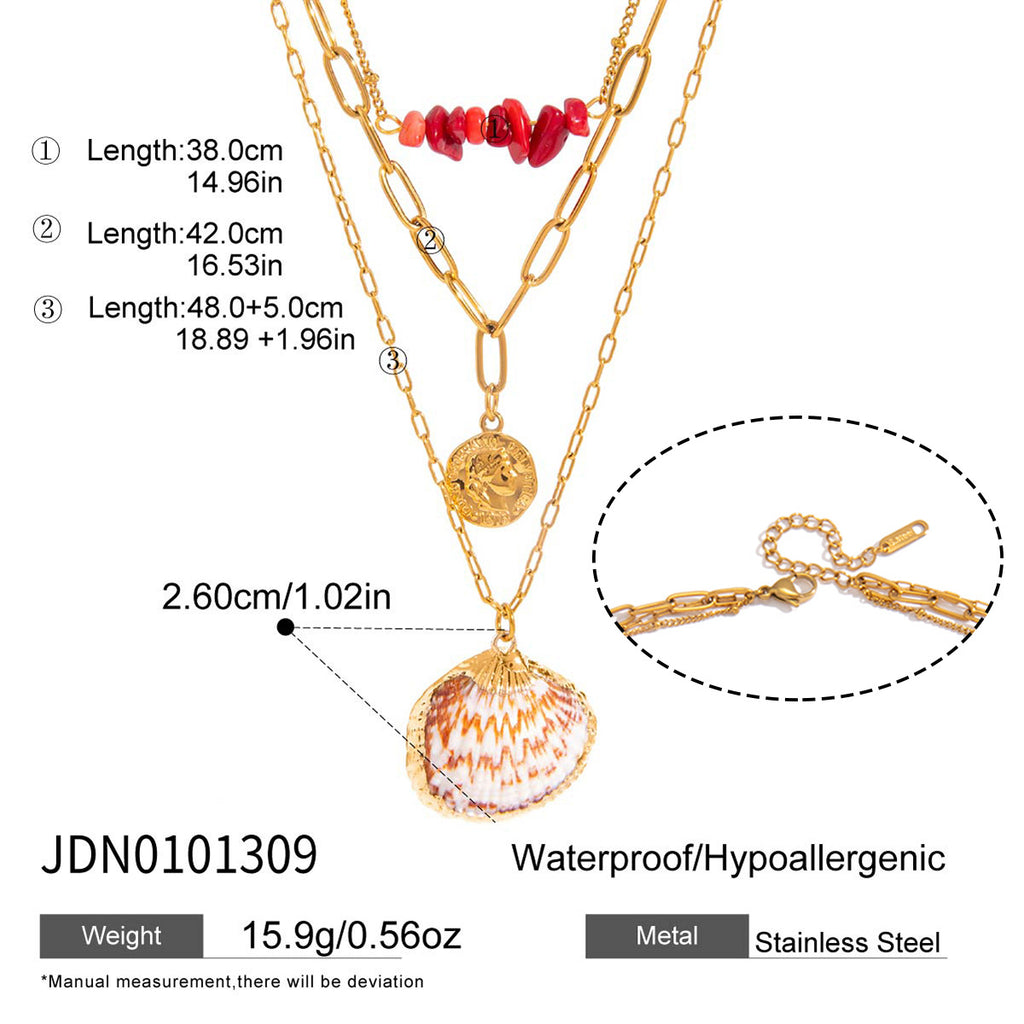 Shell pendant necklace showing three chain lengths