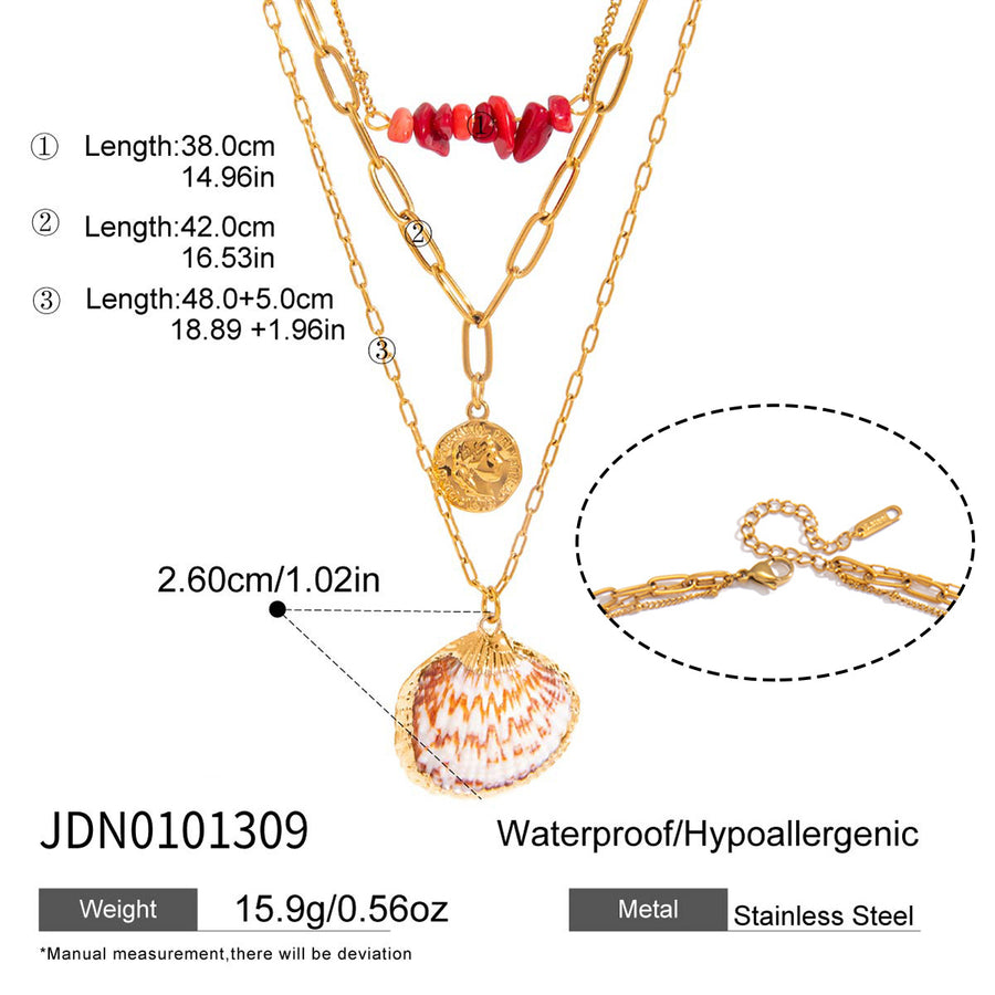 Shell pendant necklace showing three chain lengths