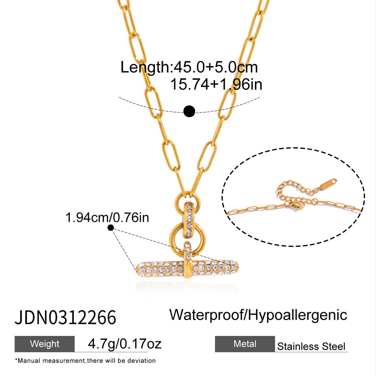 Gold-tone pave bar and chain length diagram