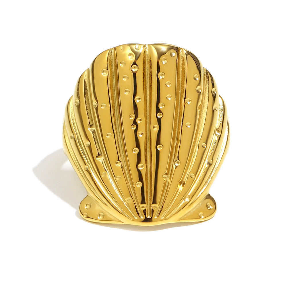 Gold Plated 316L Stainless Steel Textured Shell Ring — ridges and dotted shell texture