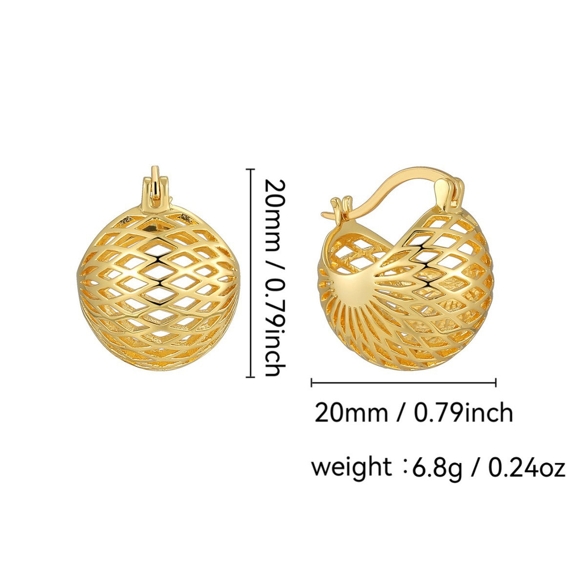 20 mm gold plated openwork sphere hoop earrings with weight details
